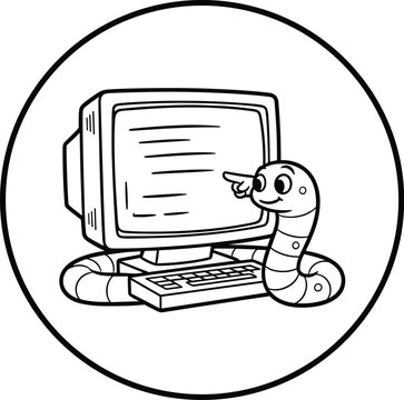 Cute cartoon computer worm pointing at screen line art icon