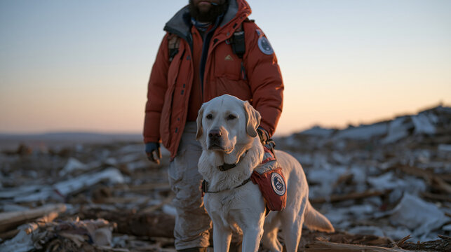 Search and rescue K-9 handler navigating tornado debris field with trained disaster response dog, both moving carefully between splintered timber and displaced household items as dusk light fades ov