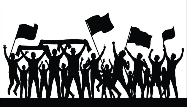 A large silhouette crowd of people protesting, demonstrating, or celebrating with flags and raised arms.
