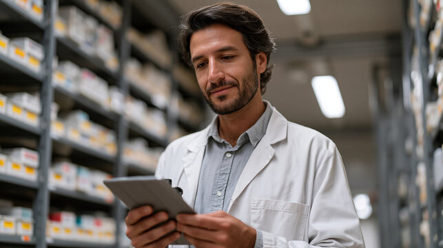 Pharmacy inventory barcode specialist reconciling scan discrepancy on handheld device against printed receiving manifest, warehouse receiving dock, wholesale medication cartons stacked on pallet beh