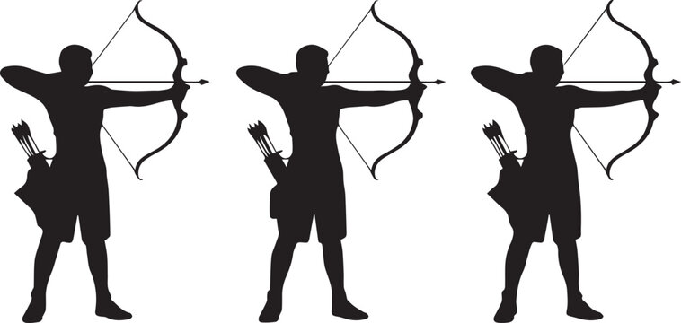 Three Archers Aiming Bows in Silhouette Against White Background with Focused Precision