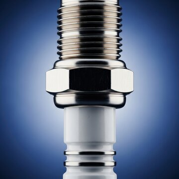 A highly detailed close-up shot of the ceramic insulator and metal shell of a modern spark plug, essential for reliable engine ignition and performance, combustion, workshop, component