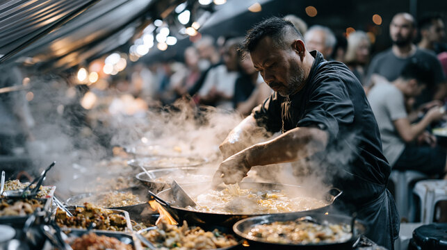 A busy hawker food stall cook ladles fra 2