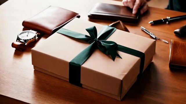 Father's Day Gift Wrapping Stop Motion Kraft Paper Ribbon Masculine Accessories Wooden Table 4K No Face