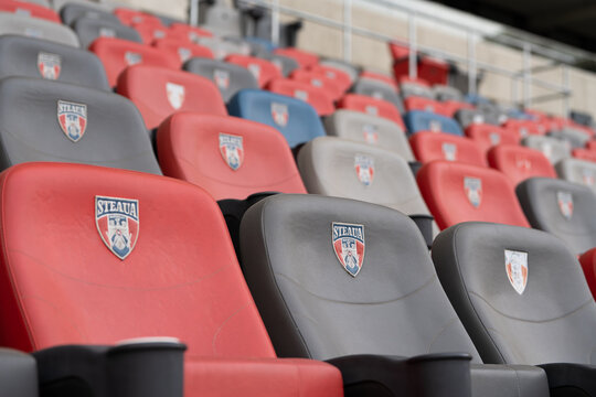 Bucharest Romania 28 May 2026.Modern stadium seats in Ghencea, customized with the iconic Steaua logo, creating a powerful visual identity and a vibrant football atmosphere inside Steaua Stadium