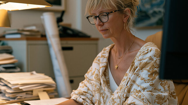 Municipal planning commissioner reviewing noise complaint records in cramped city hall office the morning after contentious council vote, constituent letters piled in inbox and a rolled architectura