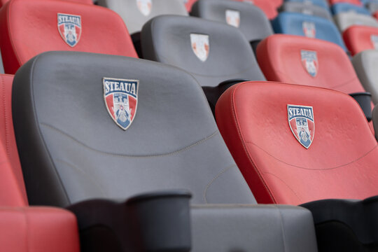 Bucharest Romania 28 May 2026.Modern stadium seats in Ghencea, customized with the iconic Steaua logo, creating a powerful visual identity and a vibrant football atmosphere inside Steaua Stadium