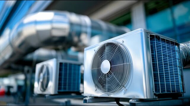 Industrial climate control units with metal pipes and ventilation ducts, modern HVAC cooling system for commercial buildings