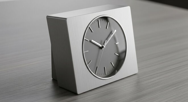 Modern silver table clock with angled metallic body on wood