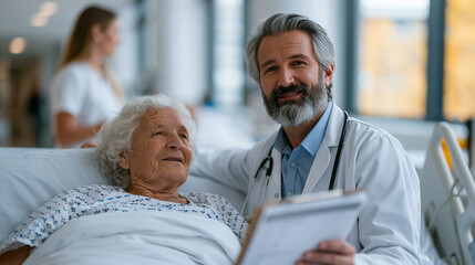 Obraz premium Hospital pharmacist conducting medication reconciliation beside newly admitted senior patient, clipboard holding home medication list, nurse standing nearby in corridor, autumn morning light enterin