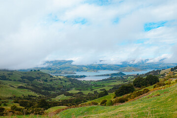Akaroa Harbour, New Zealand: High angle roadside view of lush green rural pastures and vibrant blue sea bay with white mist over volcanic crater hills. © pam