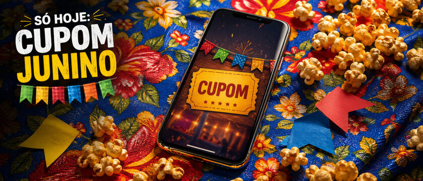 Festa Junina coupon banner with Portuguese text S&Oacute; HOJE and CUPOM JUNINO meaning Only Today and June Coupon, smartphone on floral fabric, popcorn, paper arrows, copy space background for promotion