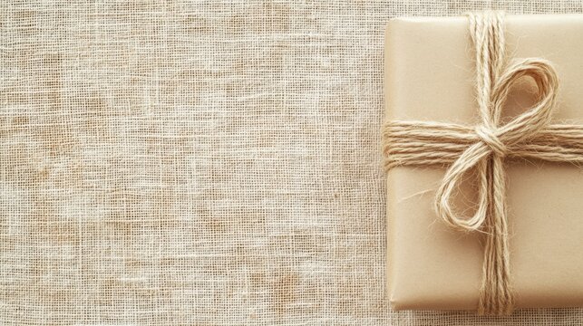 Brown gift wrapped in twine sits on woven fabric