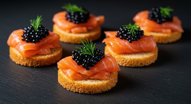 Luxurious small bites featuring glossy black caviar and delicate salmon slices arranged on crispy bread bases for fine dining, fine dining, delicacy, macro