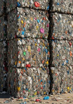 Massive cubes of salvaged plastic refuse, densely pressed and stacked for industrial recycling and sustainable material processing, waste, compact, conservation