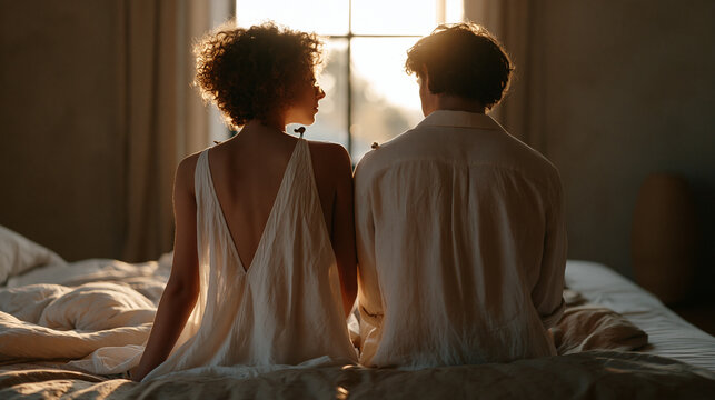 Couple sitting back-to-back on opposite edges of bed in dim morning light, emotional disconnection relationship stress depression daily life couples mental health awareness support communication dep