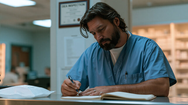 Controlled substance count technician documenting discrepancy in narcotic count logbook under pharmacist supervision, hospital pharmacy dispensing area, sealed evidence bag on steel counter, posted 