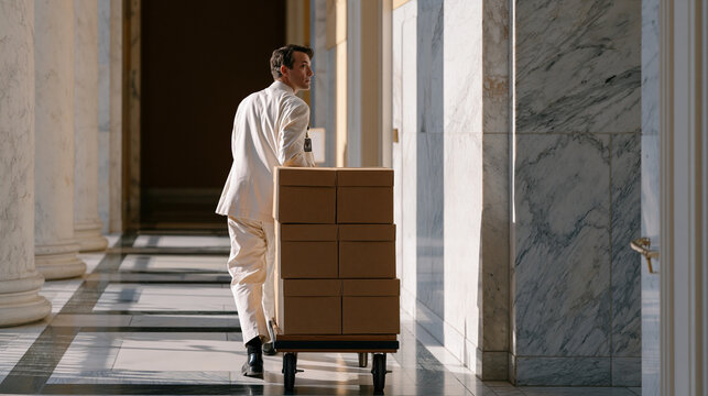 Congressional aide wheeling heavy document cart through marble Capitol corridor toward hearing room where whistleblower testimony boxes are being logged by clerks, security badge visible and fluores