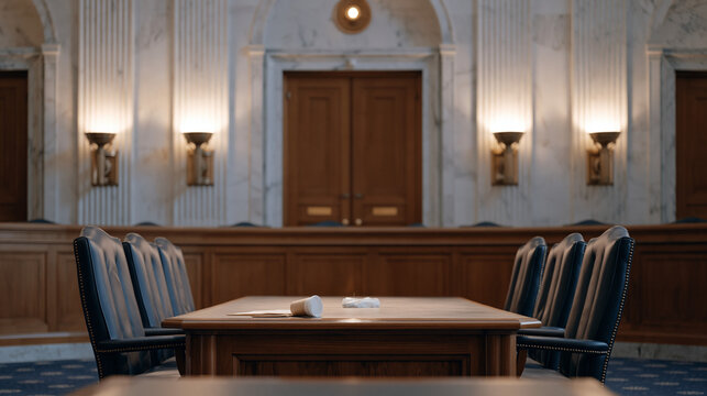 Congressional hearing room cleared after lengthy whistleblower testimony session, overturned coffee cup and crumpled notes left on witness table under unchanged harsh lighting while C-SPAN cameras r