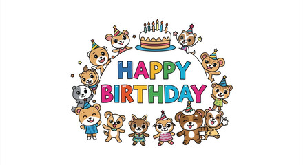 Cartoon Bears And Birthday Cake Colorful Vector Illustration On White Background © mdashraful