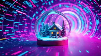 Naklejka premium Snow globe displays cozy cabin scene. Vibrant neon lights create futuristic tunnel effect. Winter landscape within glass sphere.