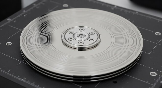 Shiny silver metallic hard drive platters stacked together on a black technical testing surface