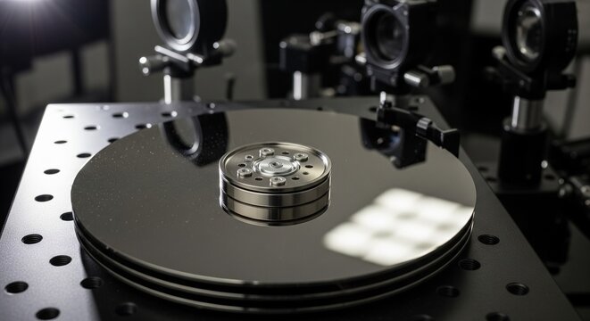 High-tech lab equipment showing open hard drive platters on a precise optical breadboard with lenses in the background.