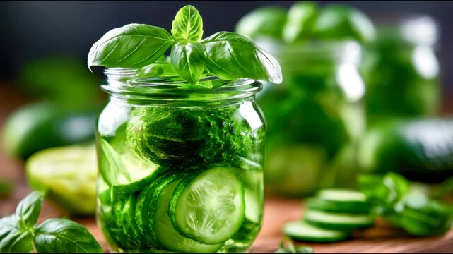 Fresh cucumbers and basil in a glass jar with green herbs, natural ingredients, and homemade pickling concept
