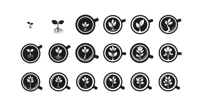 Top view coffee cup latte art icons set showing growth of plant from sprout to leaf with circular mug outlines for green cafe or nature themed design elements