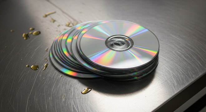 A messy, fanned-out pile of shiny silver compact discs on a metallic surface with some liquid drops nearby.