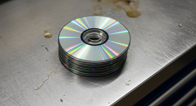 A neat stack of silver compact discs (CDs or DVDs) sitting on a brushed metal surface with reflective rainbow colors.