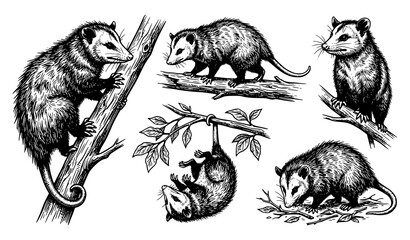 Hand Drawn Opossum Animal Vintage Engraving Style Sketch Vector Illustration Set © Songkari