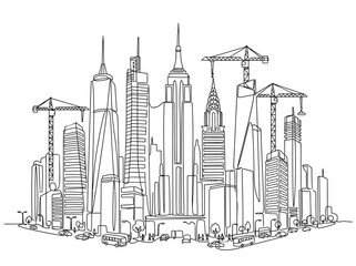 Obraz premium New York City skyline architectural sketch with construction cranes.