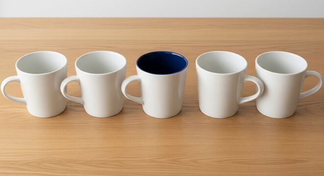 Row of white ceramic mugs with one dark blue inside