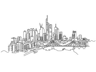 Fototapeta premium Continuous single line drawing of Frankfurt city skyline with skyscrapers and bridge.