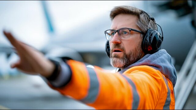 Airport ground crew worker wearing headset and high visibility jacket signals beside aircraft during efficient ramp operations