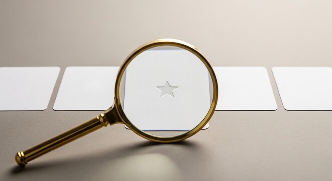 A vintage gold magnifying glass held over a row of white square cards, magnifying a star symbol on the center card