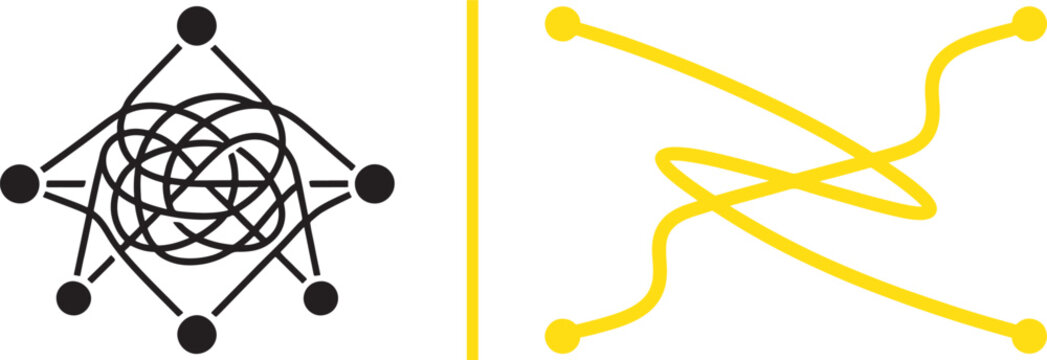 Vector icon comparing a complex tangled black network with a simplified streamlined yellow path for problem solving and workflow optimization