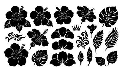 Hibiscus Flower and Leaf Silhouette Collection Tropical Floral Set © Songkari