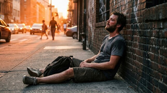 Man sitting on sidewalk feeling exhausted during extreme heat wave. Tired adult male resting against brick wall in urban city environment. Concept of summer heat and heatstroke risk.