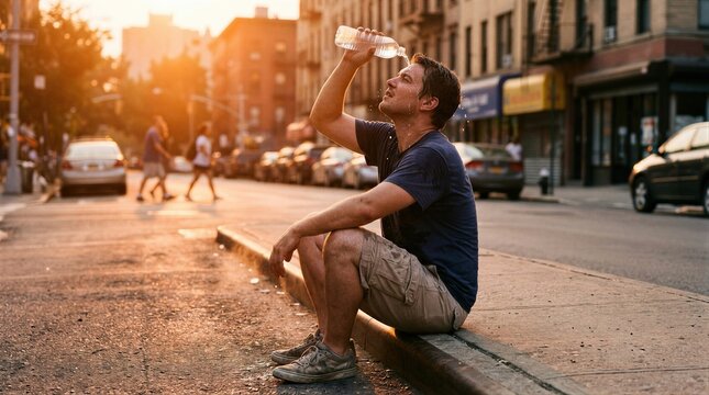 Man pouring water over face to cool down while sitting on city street during heat wave. Extreme summer weather, dehydration danger, and urban lifestyle struggle under hot sun.
