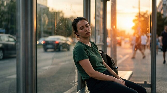 Exhausted woman resting at bus stop under extreme heat wave. Tired girl suffering from summer sun stroke and high temperature during commute. Environmental climate change, urban heat.