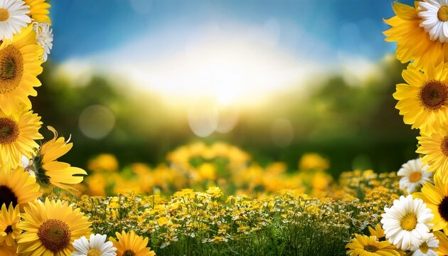 a beautiful spring flowers border features bright yellow sunflowers and daisies in a sunny garden field creating a colorful floral nature frame in full bloom