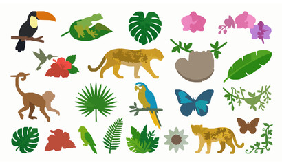 Colorful Jungle Animal, Tropical Leaf and Nature Cartoon Vector Collection © Songkari