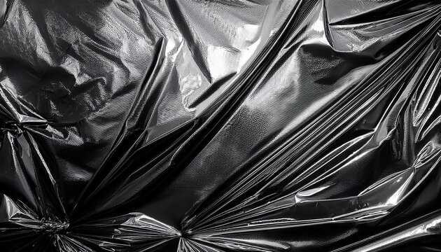 black and white detailed texture of rumpled glossy plastic sheet horizontal diagonal sharp creases bright highlights and deep dark fold shadows irregular crumpled film surface