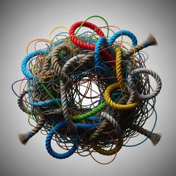 A complex tangle of thick ropes and cords creating a confusing and frustrating scenario that requires careful analysis and resolution, complexity, wire, difficulty