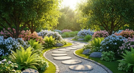 Obraz premium A peaceful, sun-drenched garden sanctuary designed for expectant parents, featuring lush greenery and winding stone paths for tranquil reflection, abundance, flourishing, sunlight