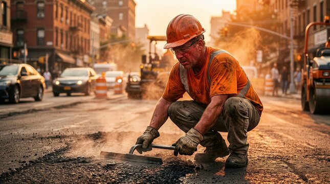 Construction worker repairing asphalt on a hot city street at sunset, showing hard work and urban development