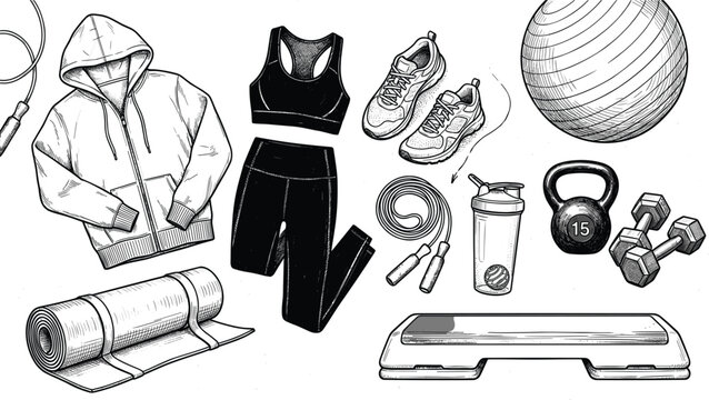 Fitness and gym gear vector illustration set featuring hand drawn style workout clothes shoes mat kettlebell and weights