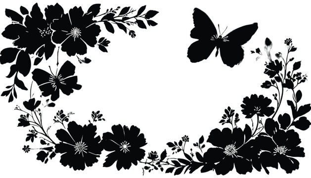 Flowers arranged in a corner composition with a fluttering butterfly create a delicate and artistic floral border suitable for romantic stationery or elegant wedding design layouts and invitations.